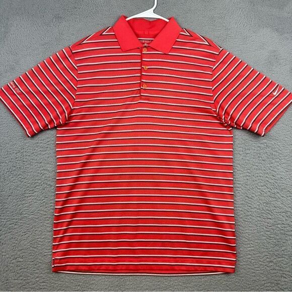 Nike Golf Polo Shirt Mens Medium Red Striped Mesh Lake Hickory Country Club Golf - Picture 1 of 16